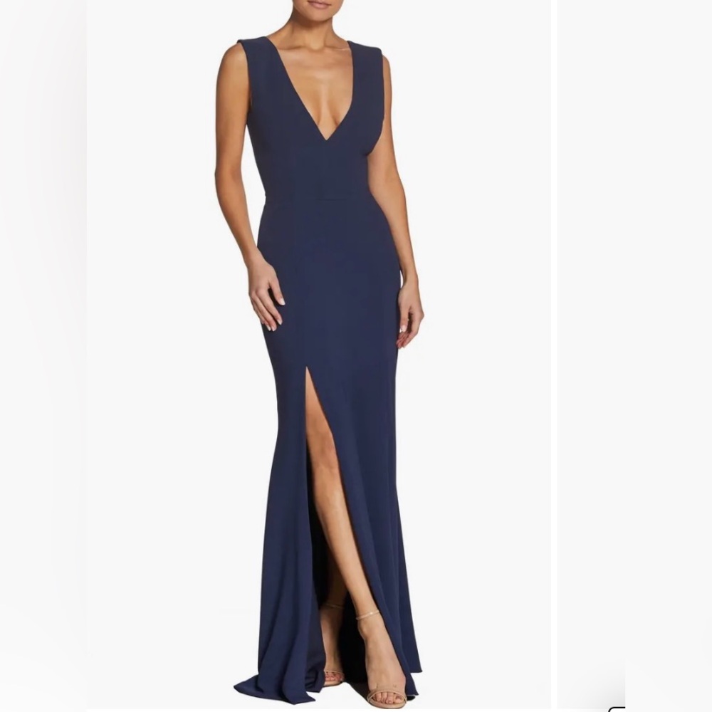 NWT Dress the Population Navy Plunge Slit Maxi Gown